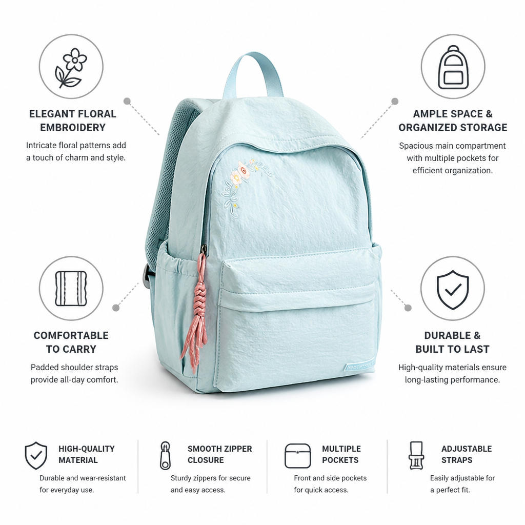 Floral Embroidered Multi-Pocket School Backpack