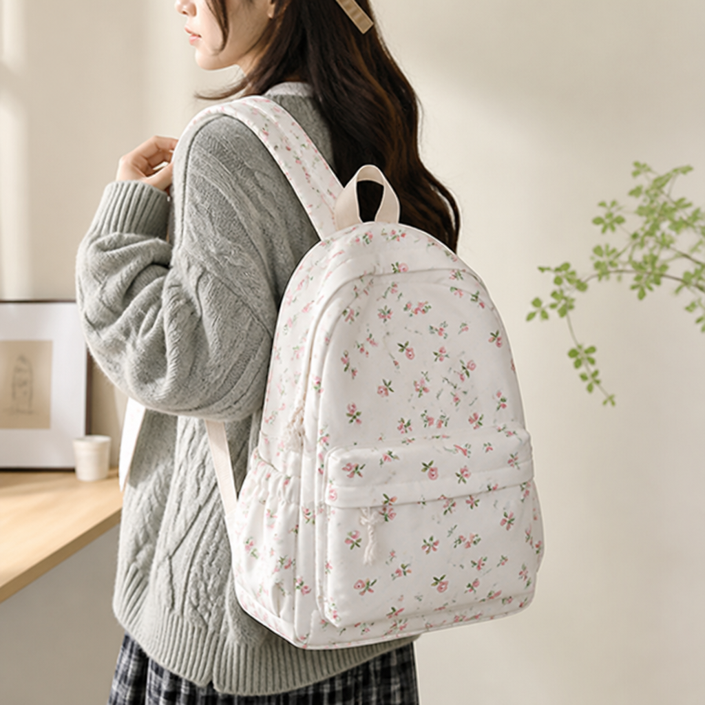 Floral Print Padded Straps & Multiple Pockets Backpack