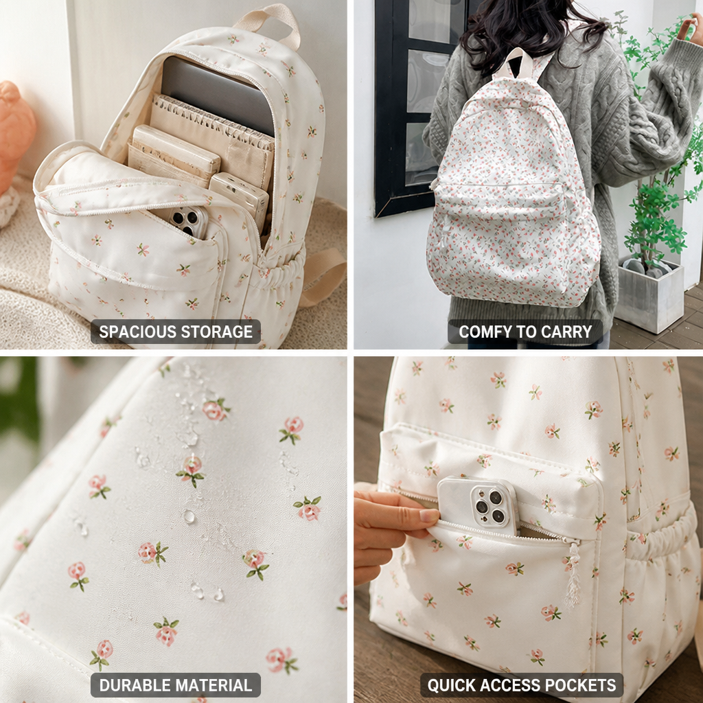 Floral Print Padded Straps & Multiple Pockets Backpack