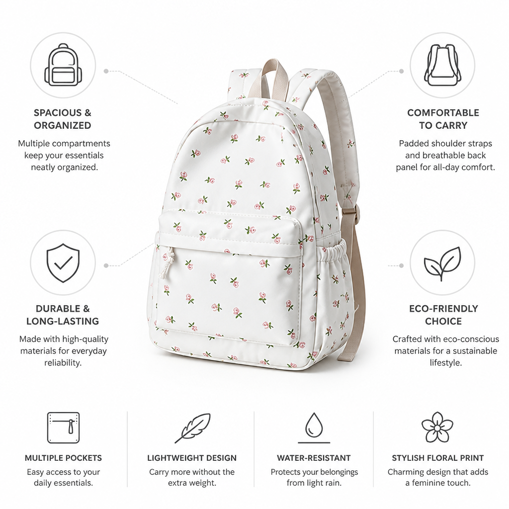 Floral Print Padded Straps & Multiple Pockets Backpack