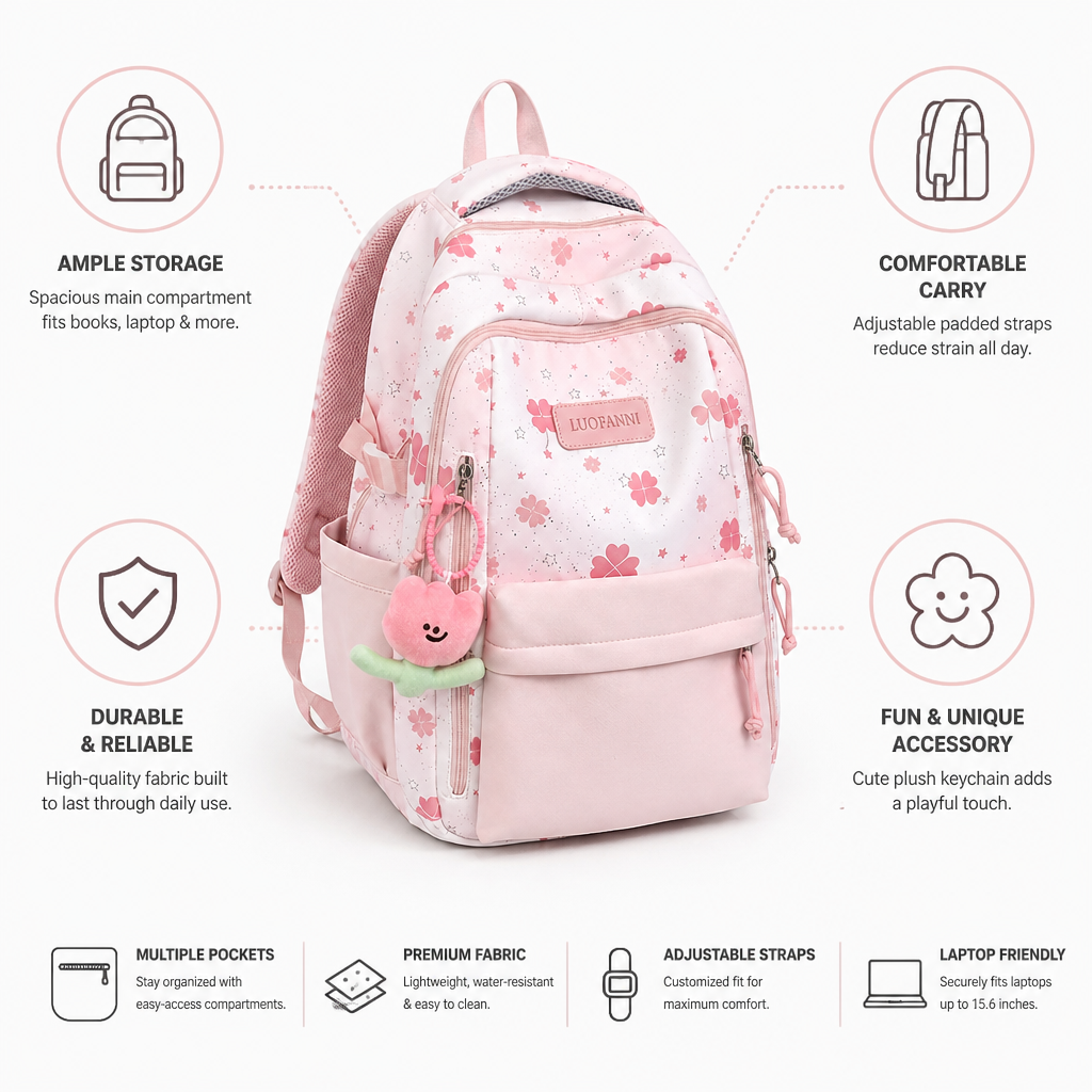 Floral Print Spacious Backpack With Adjustable Padded Straps