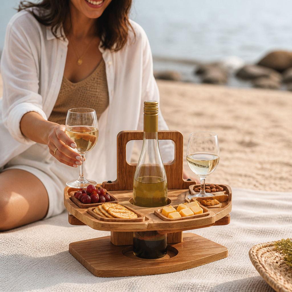 Foldable Acacia Wood Wine Picnic Table (Holds 2 Bottles & Glasses)