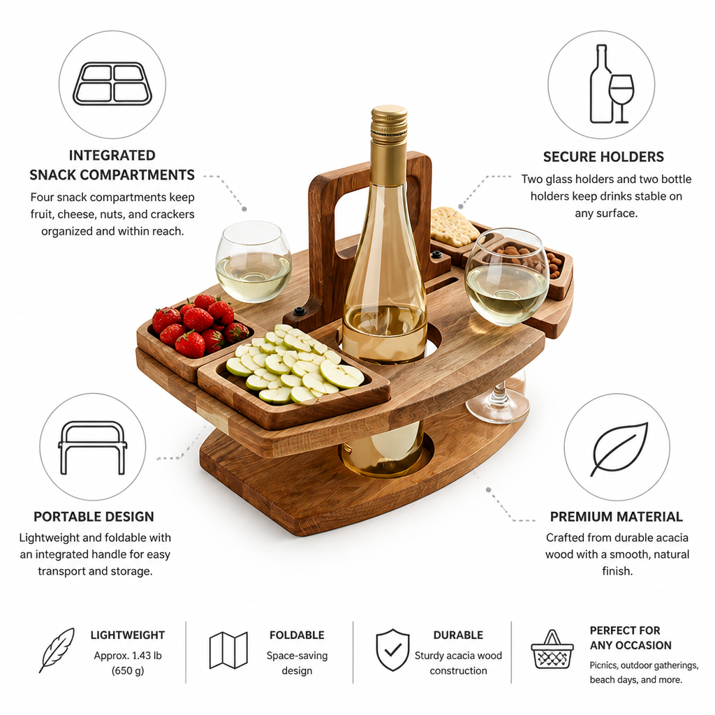 Foldable Acacia Wood Wine Picnic Table (Holds 2 Bottles & Glasses)