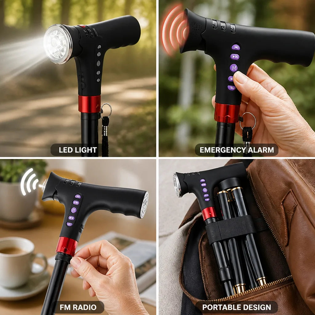 Folding Cane LED Light Emergency Alarm & FM Radio