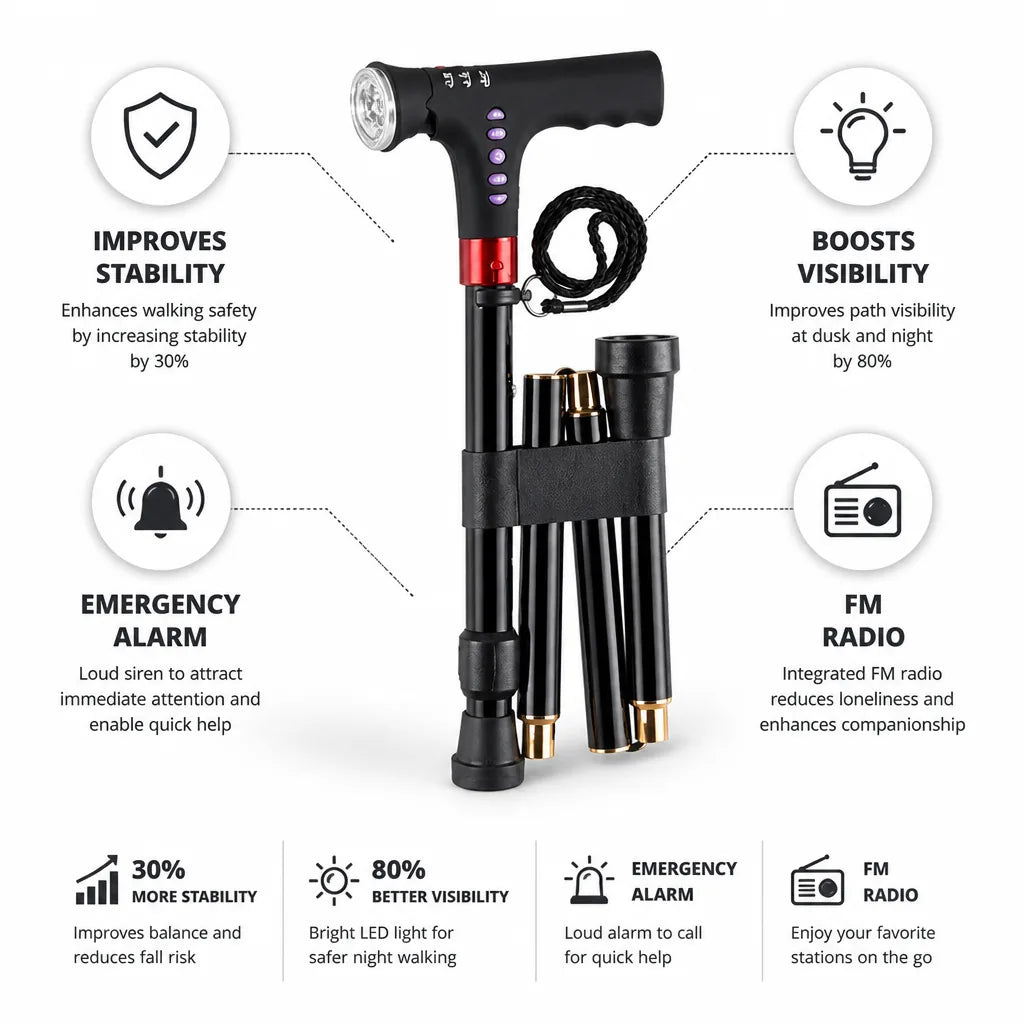 Folding Cane LED Light Emergency Alarm & FM Radio
