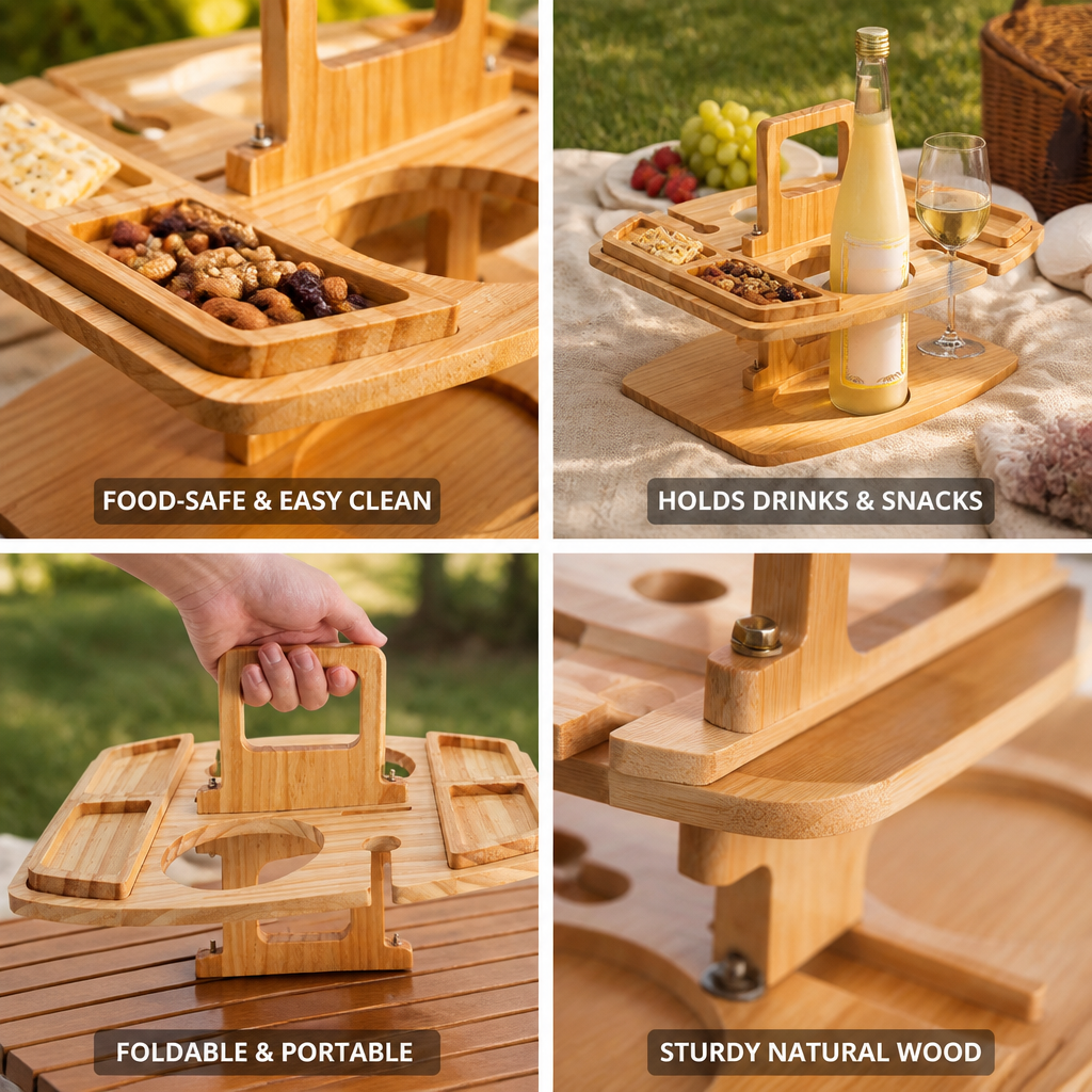 Food-Safe Natural Wood Foldable Picnic Table (With Drink Holders)