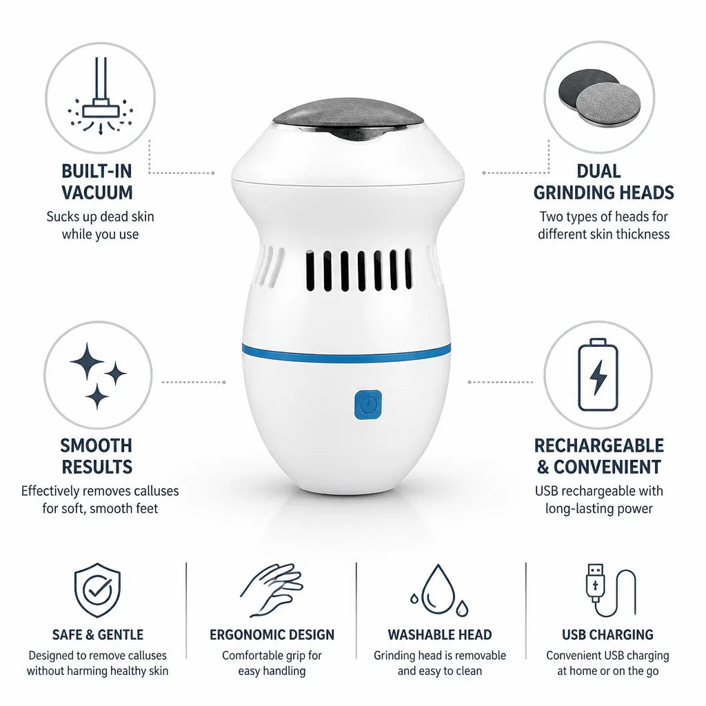 Foot Callus Remover Rechargeable Built-In Vacuum Dual Grinding Heads