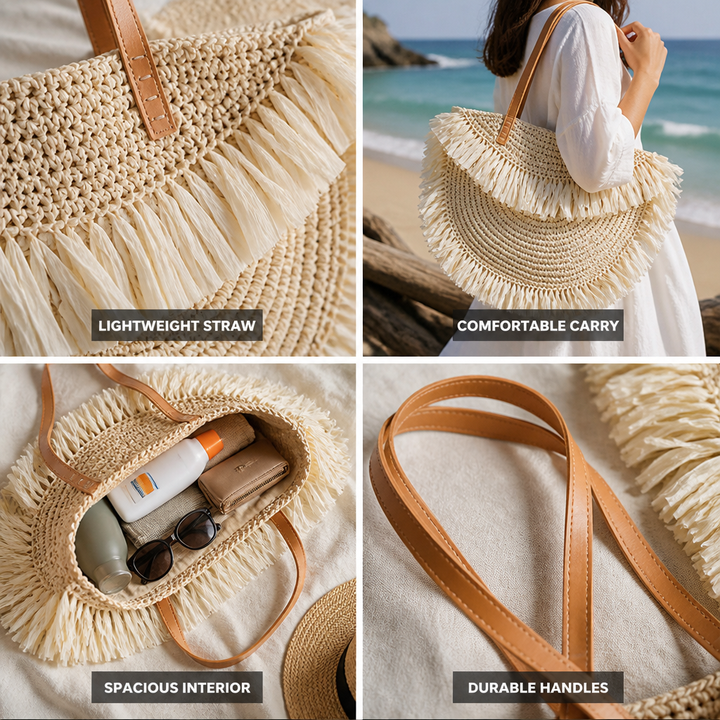 Fringed Lightweight Straw Beach Bag With Leather Handles