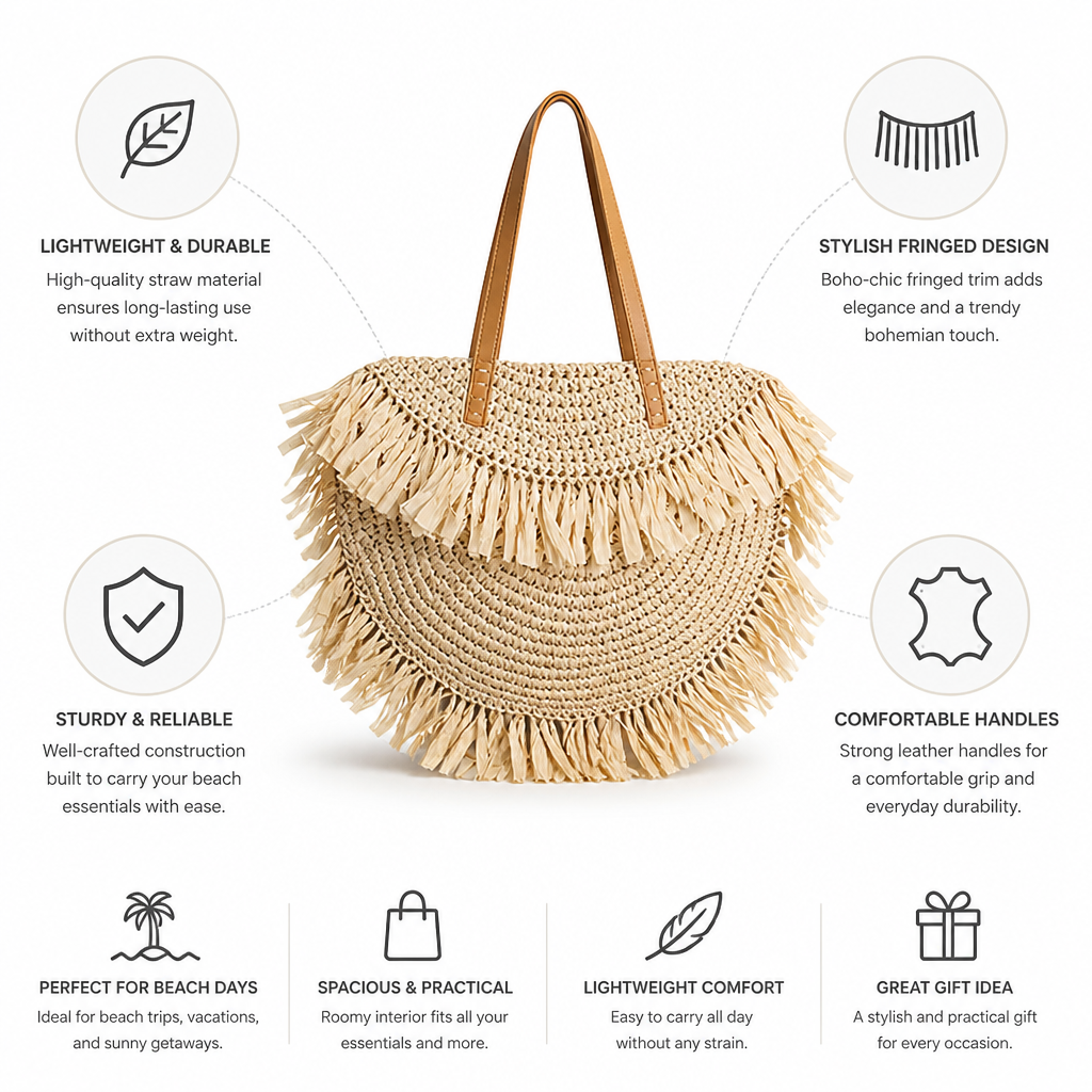 Fringed Lightweight Straw Beach Bag With Leather Handles