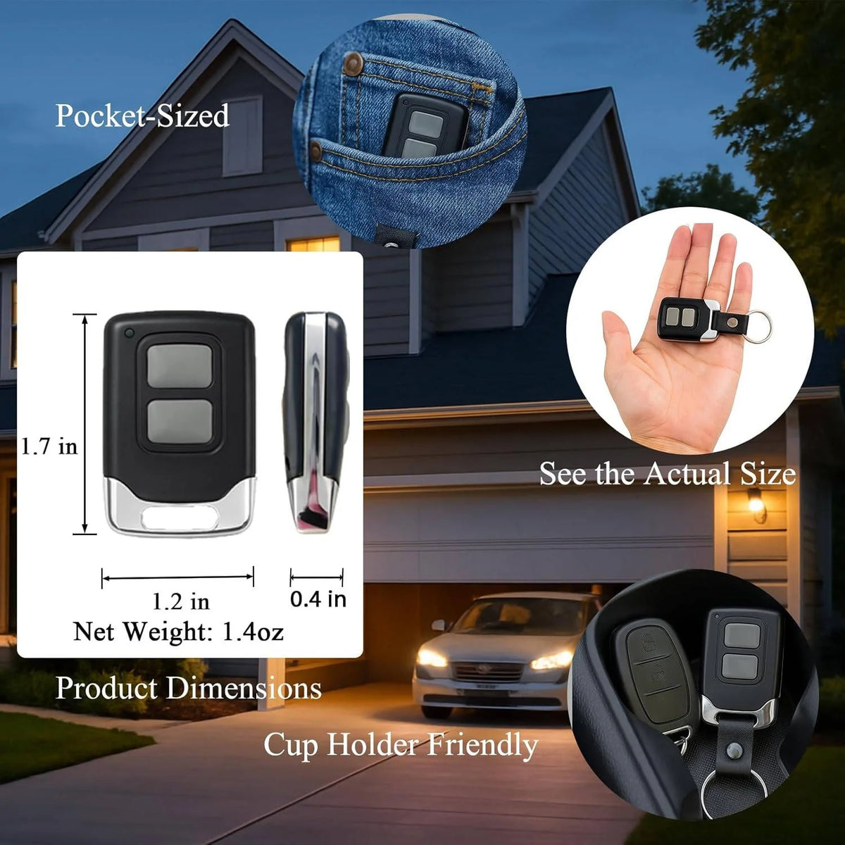 Garage Door Remote Two-Button Keychain 150-Foot Range Rolling Code