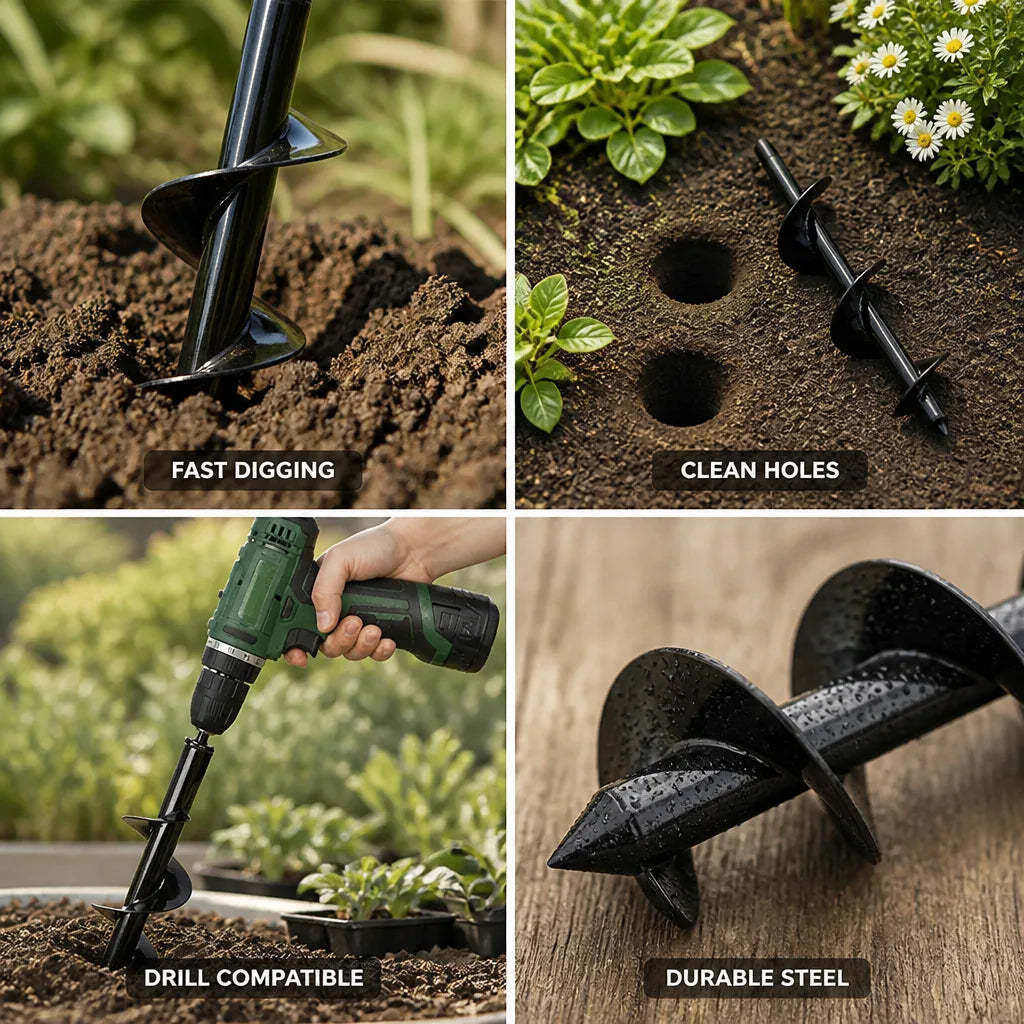 Garden Auger Bit Spiral Hex Shank Powder-Coated Steel