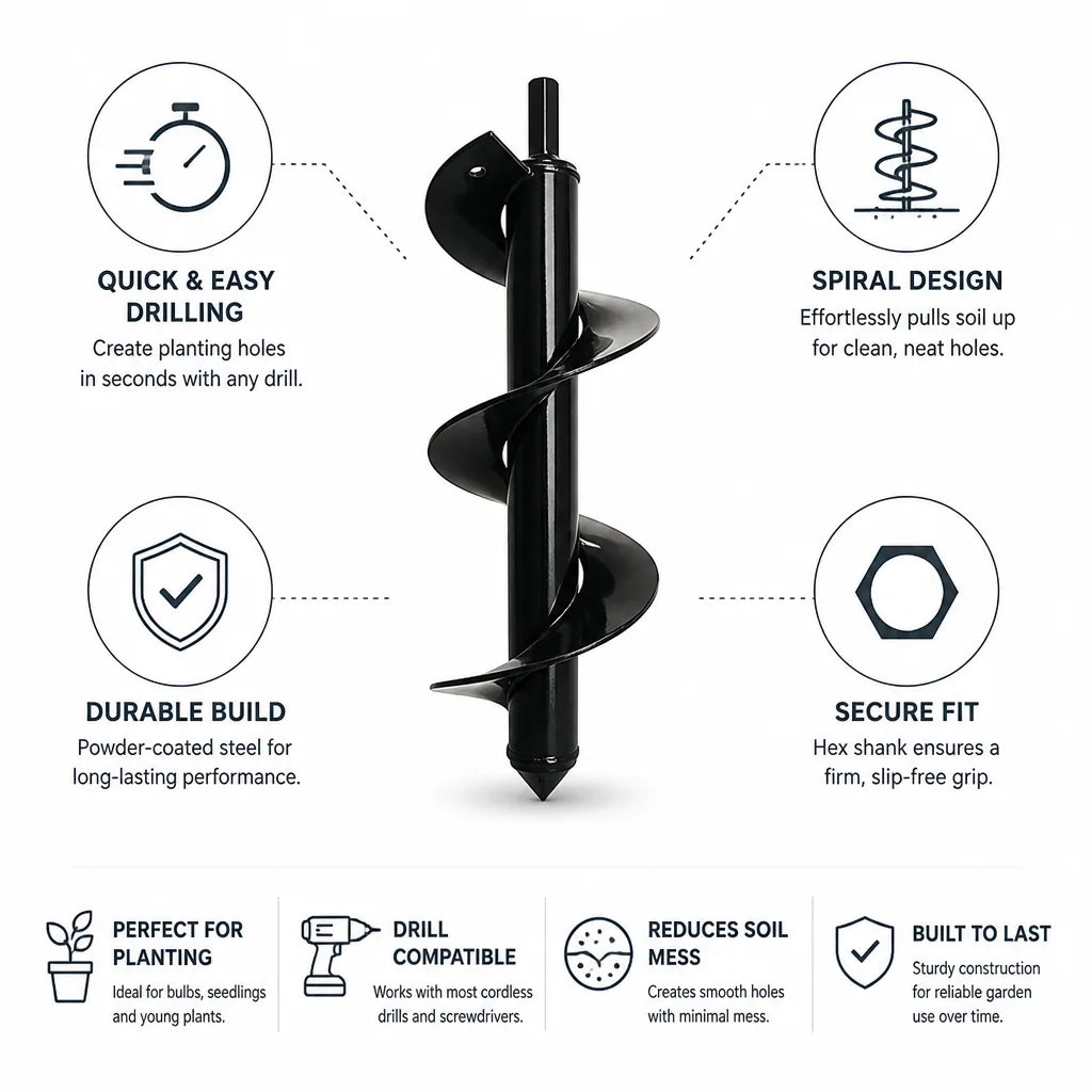 Garden Auger Bit Spiral Hex Shank Powder-Coated Steel