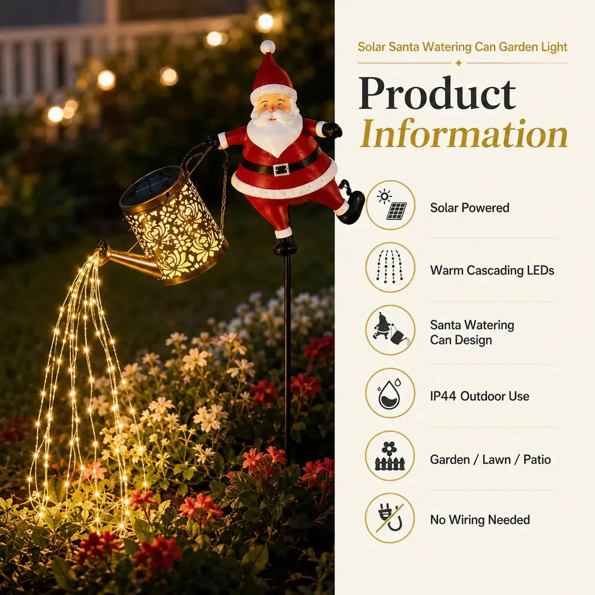 Garden Light Solar-Powered Santa Watering Can Cascading Effect
