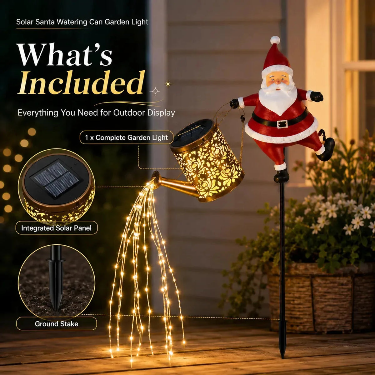 Garden Light Solar-Powered Santa Watering Can Cascading Effect