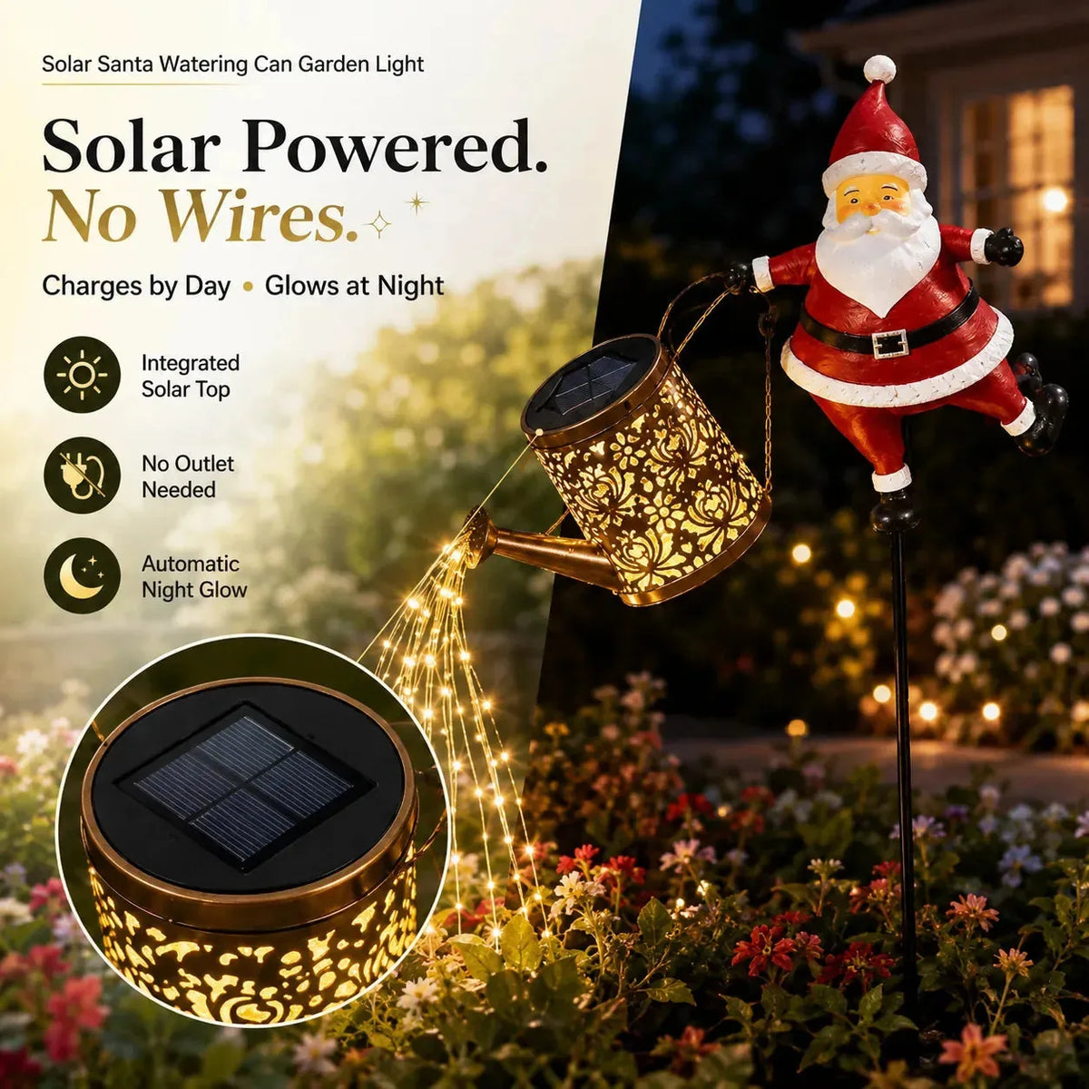 Garden Light Solar-Powered Santa Watering Can Cascading Effect