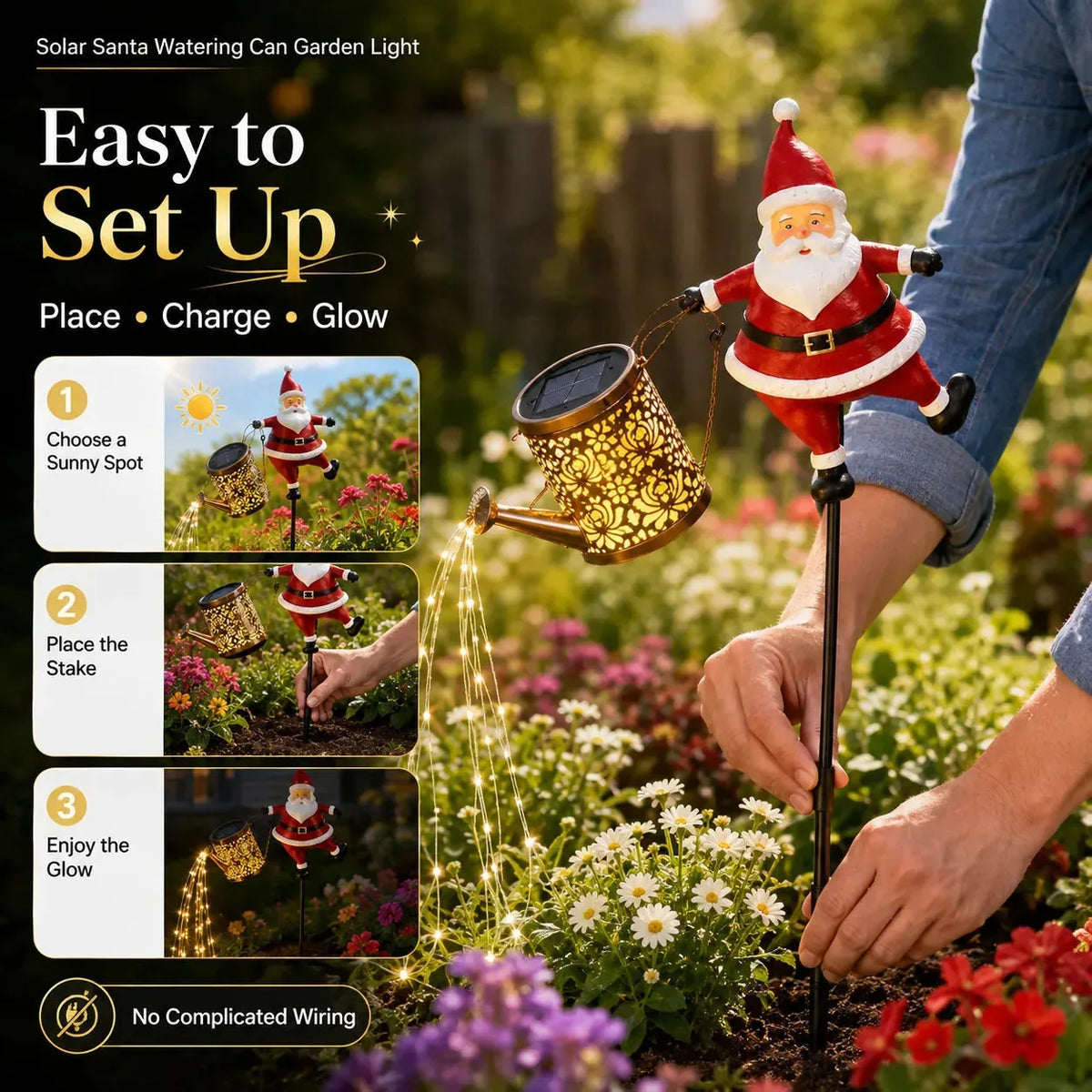 Garden Light Solar-Powered Santa Watering Can Cascading Effect