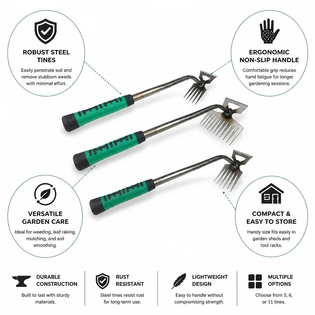 Garden Rake Steel Tines Ergonomic Non-Slip Handle Multiple Sizes