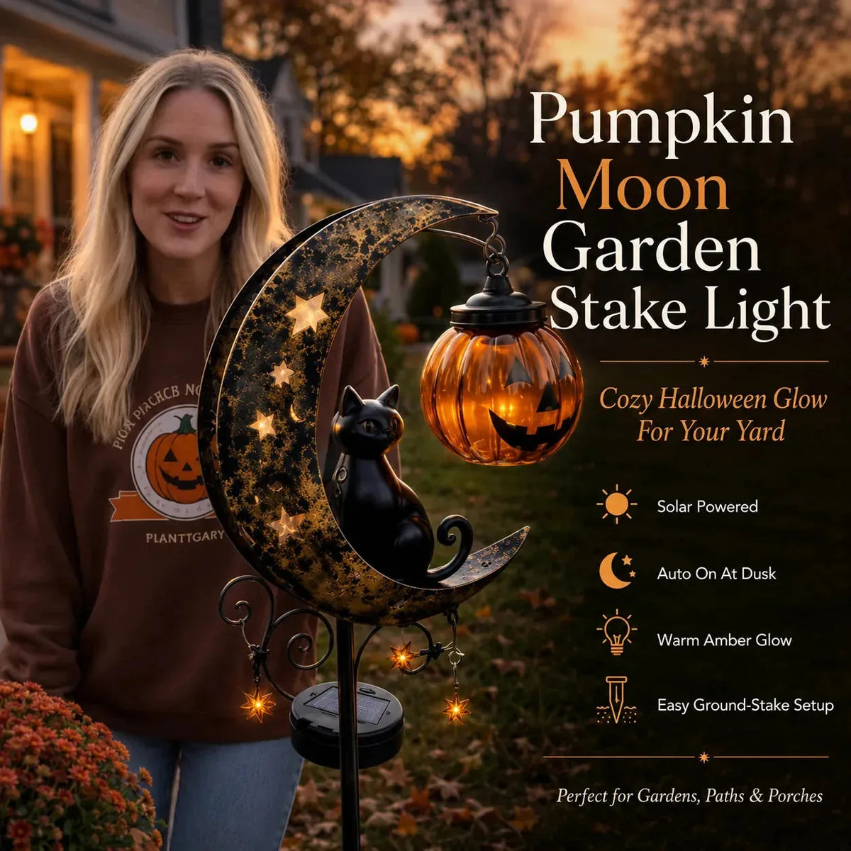 Garden Stake Light Solar-Powered Cat & Pumpkin Design