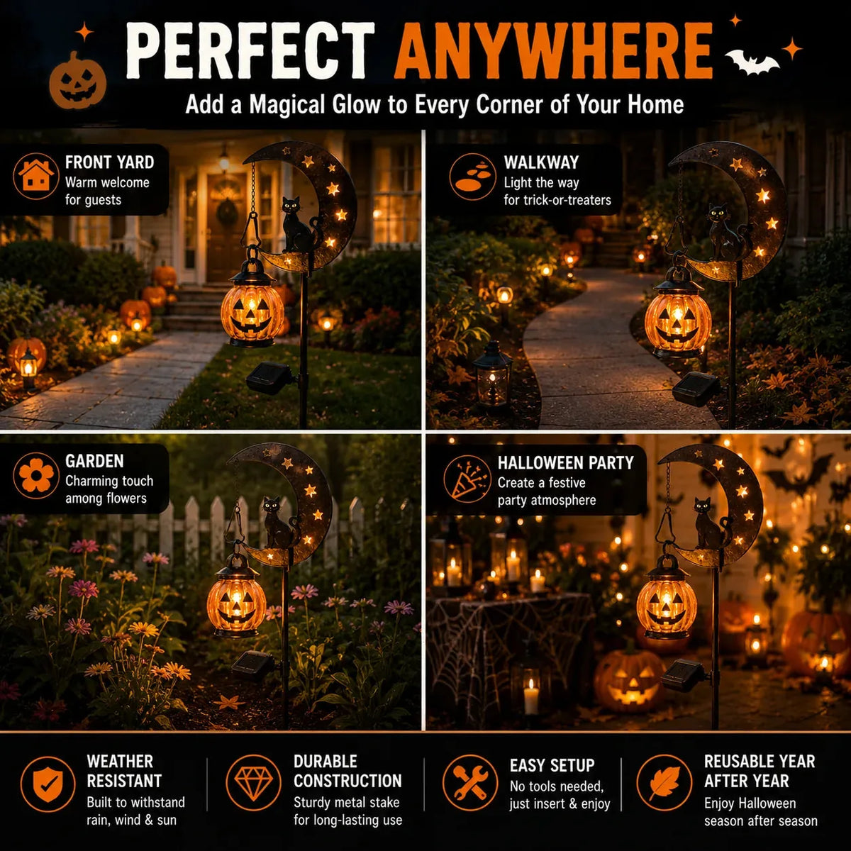 Garden Stake Light Solar-Powered Cat & Pumpkin Design