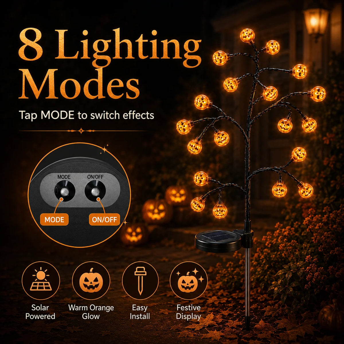 Garden Stake Light Solar-Powered Pumpkin 20 LED 8 Modes