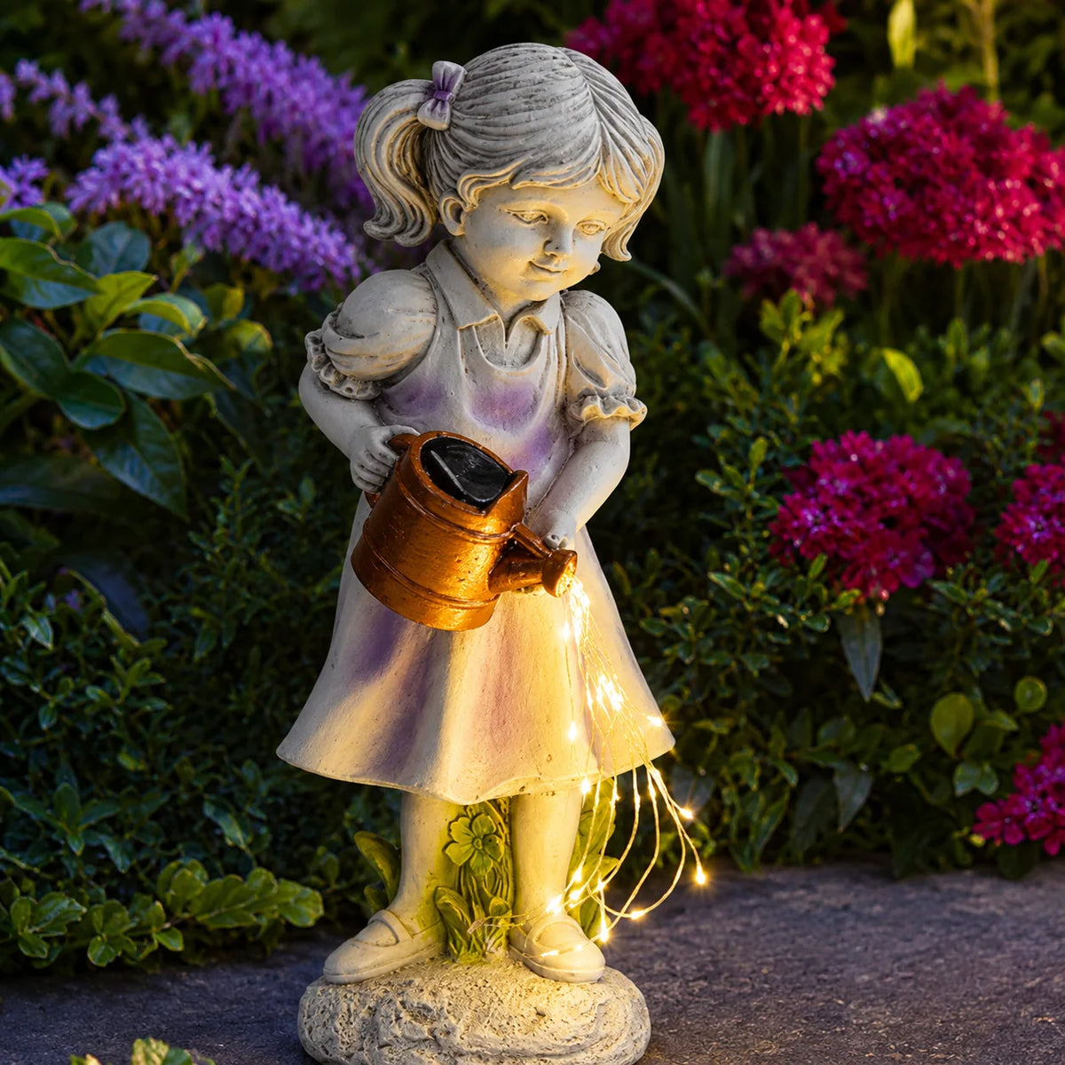 Garden Statue Girl With Watering Can Solar-Powered LED Lights