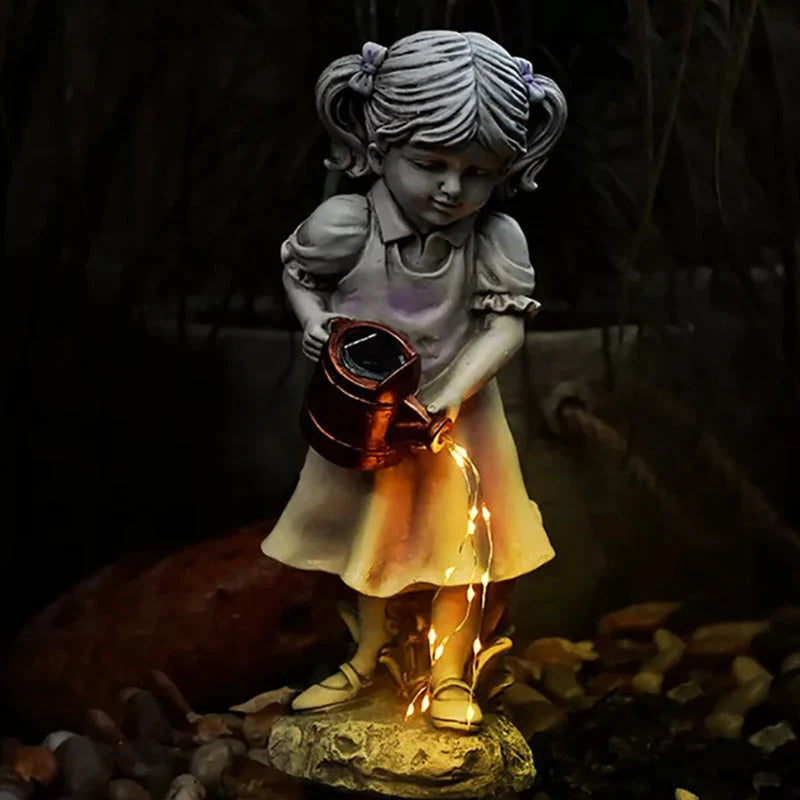 Garden Statue Girl With Watering Can Solar-Powered LED Lights