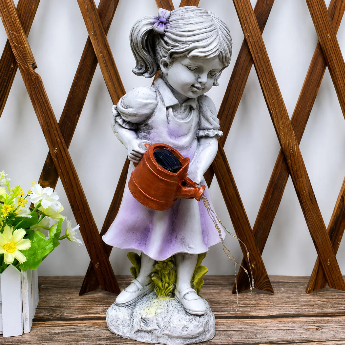 Garden Statue Girl With Watering Can Solar-Powered LED Lights