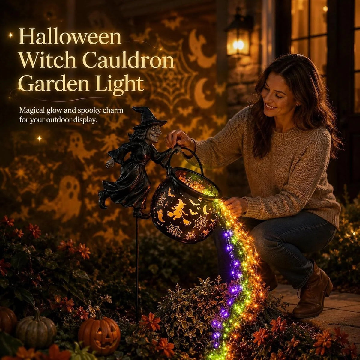 Garden Witch Figure Handcrafted LED-Lit Weather-Resistant