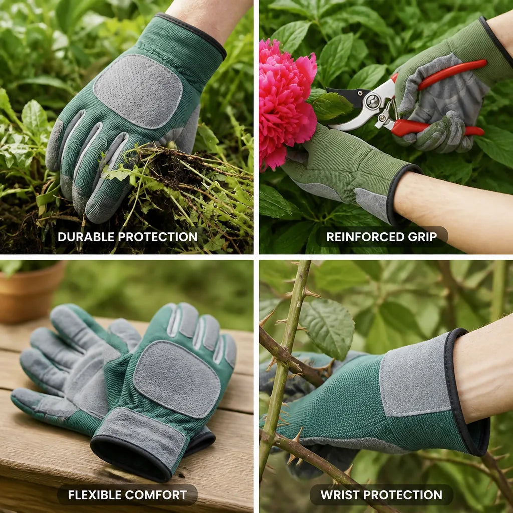 Gardening Gloves Cowhide Leather Palm Reinforced Thumb & Cuff