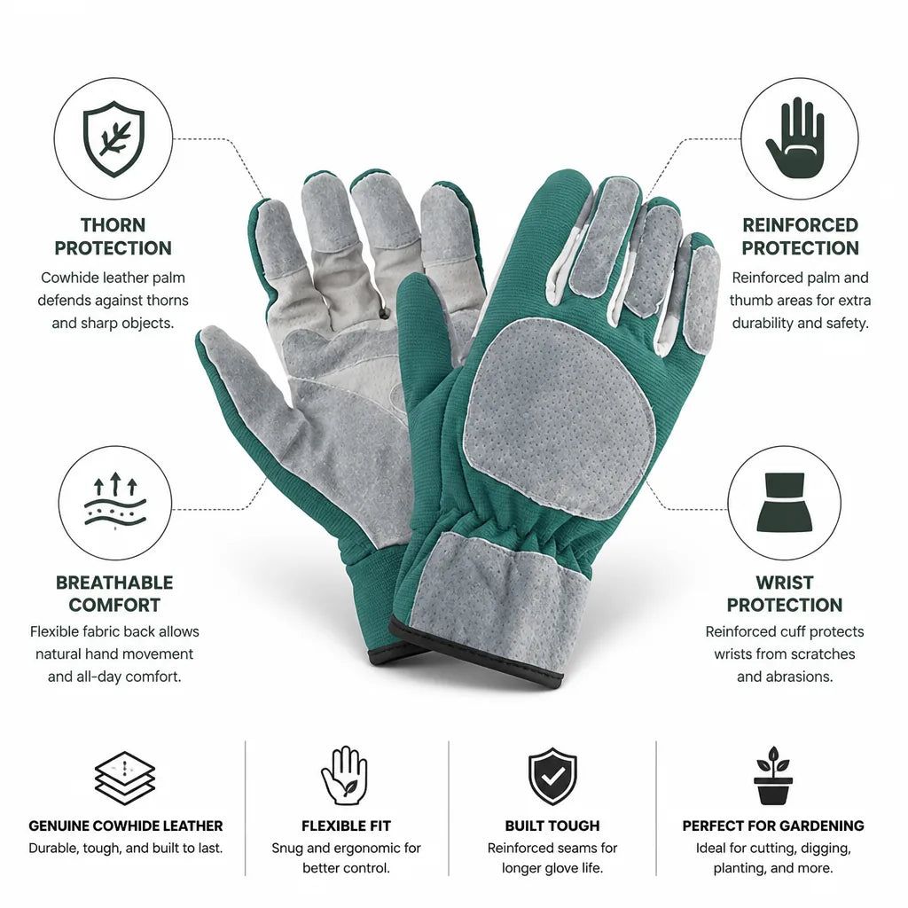 Gardening Gloves Cowhide Leather Palm Reinforced Thumb & Cuff