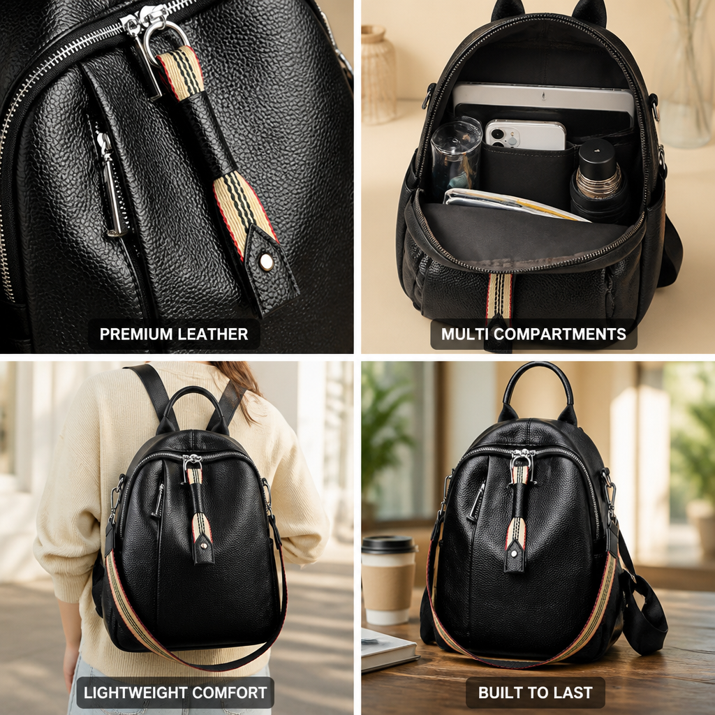 Genuine Leather Multi-Compartment Backpack