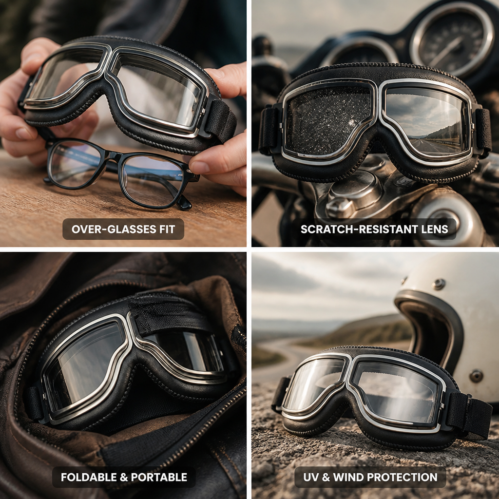 Genuine Leather Scratch-Resistant Polycarbonate Motorcycle Goggles (Over-Glasses Fit)