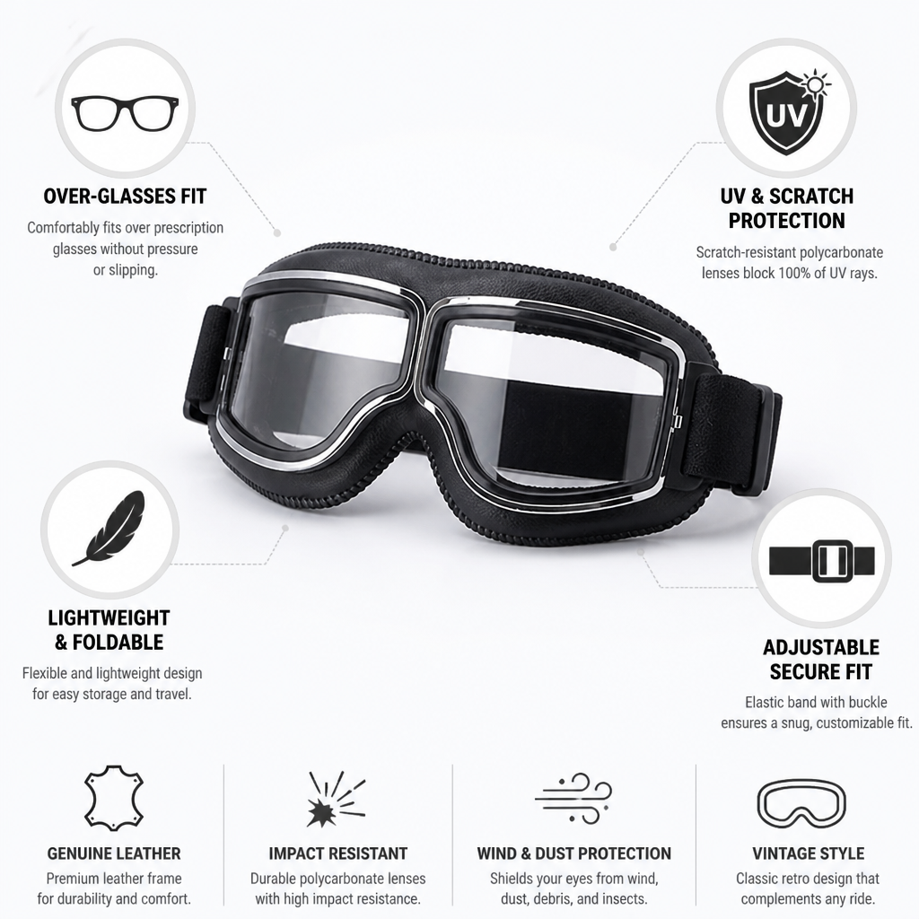 Genuine Leather Scratch-Resistant Polycarbonate Motorcycle Goggles (Over-Glasses Fit)
