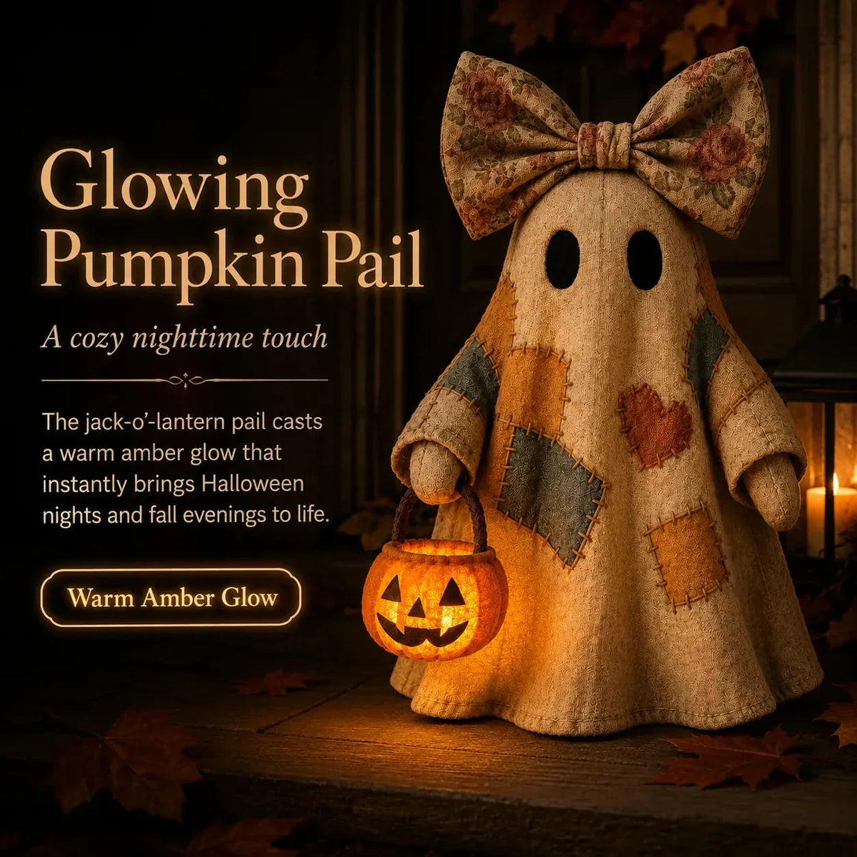 Ghost Decor Patchwork Fabric LED Amber Glow