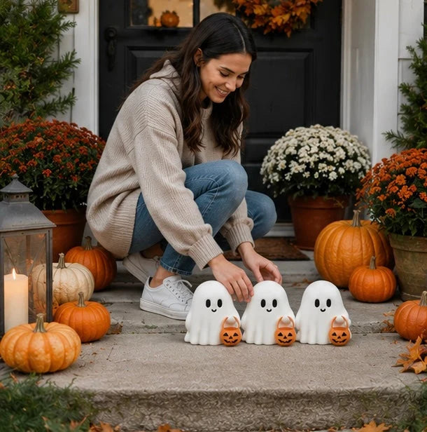 Ghost Figurines Resin Pumpkin Details Set of 3