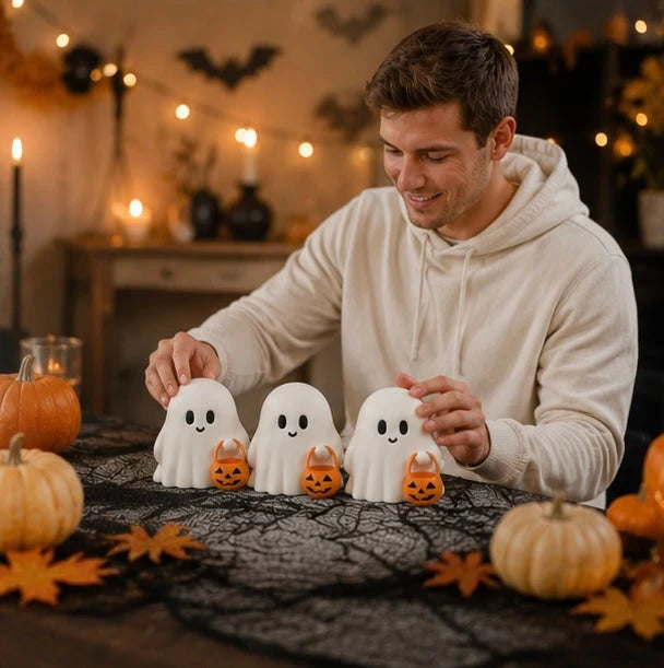 Ghost Figurines Resin Pumpkin Details Set of 3