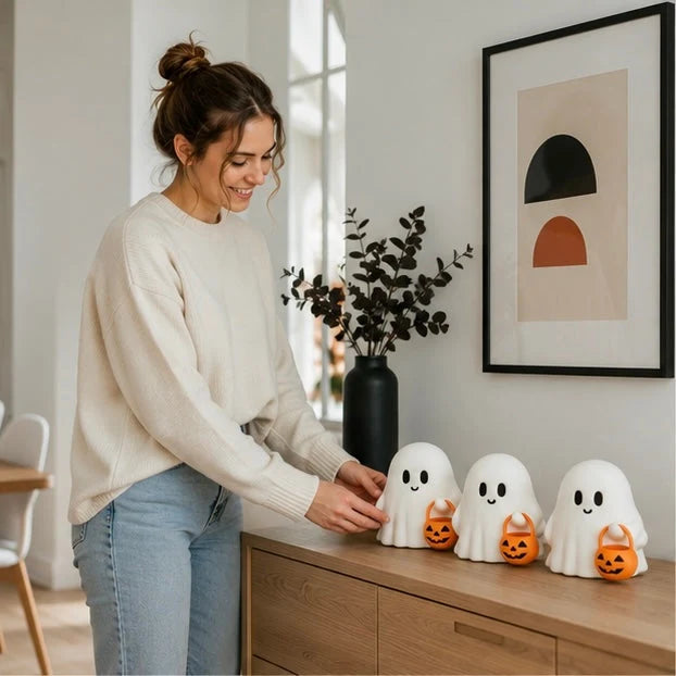 Ghost Figurines Resin Pumpkin Details Set of 3