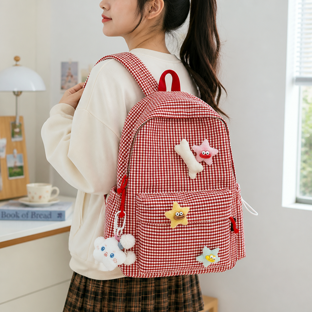Gingham Print Multi-Pocket Kids Backpack