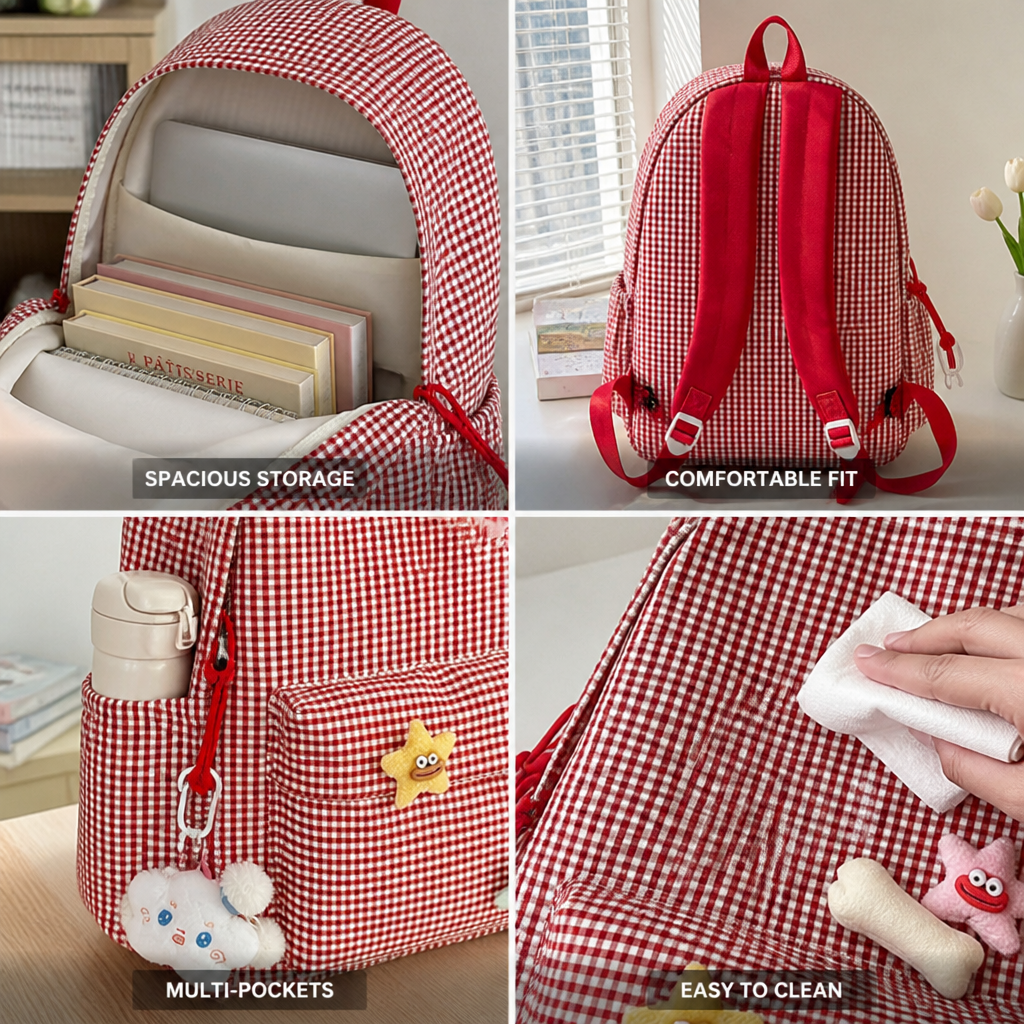 Gingham Print Multi-Pocket Kids Backpack