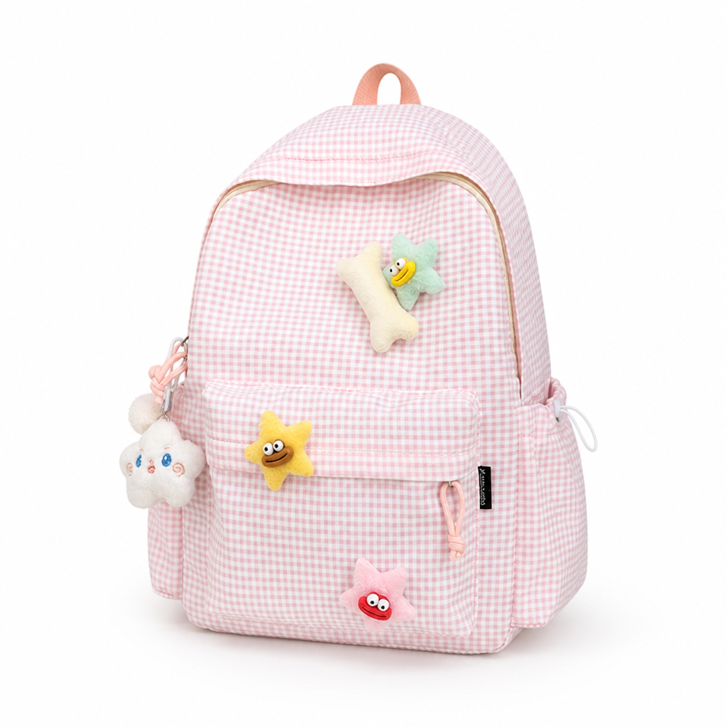 Gingham Print Multi-Pocket Kids Backpack