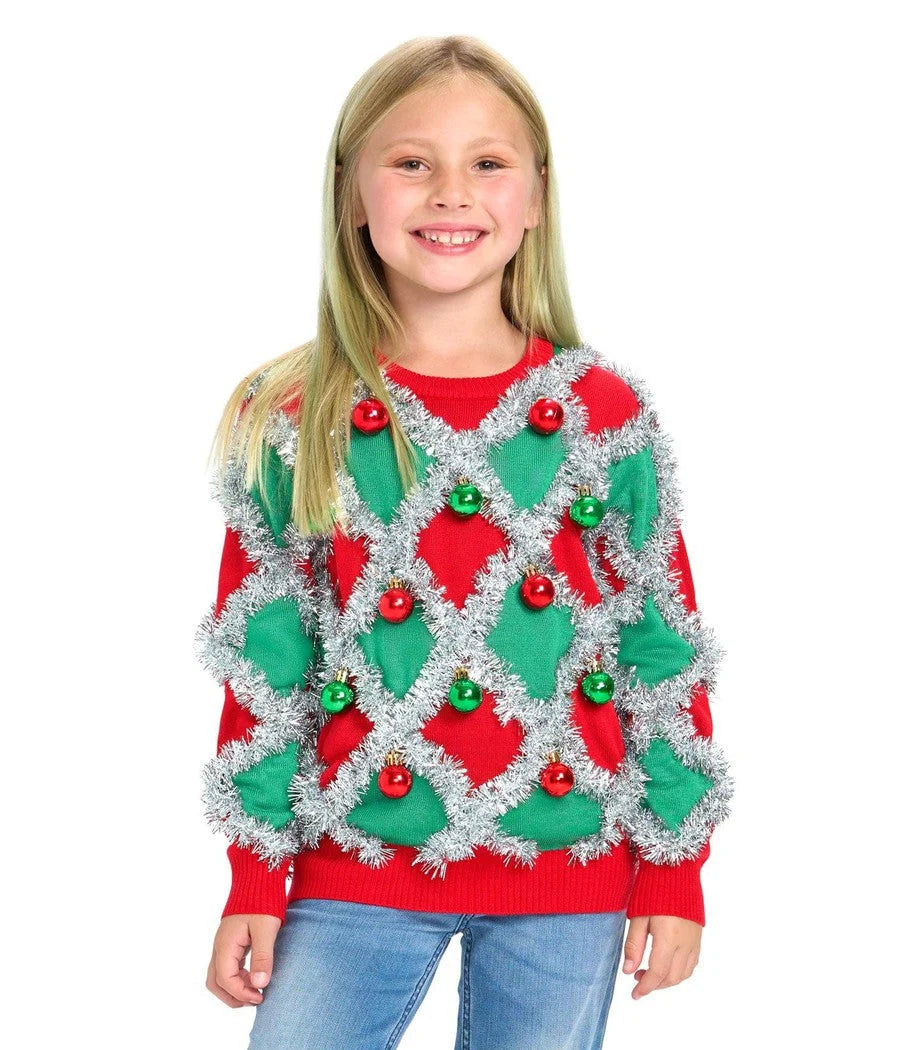 Girls Holiday Sweater Acrylic Knit Woven Tinsel Trim