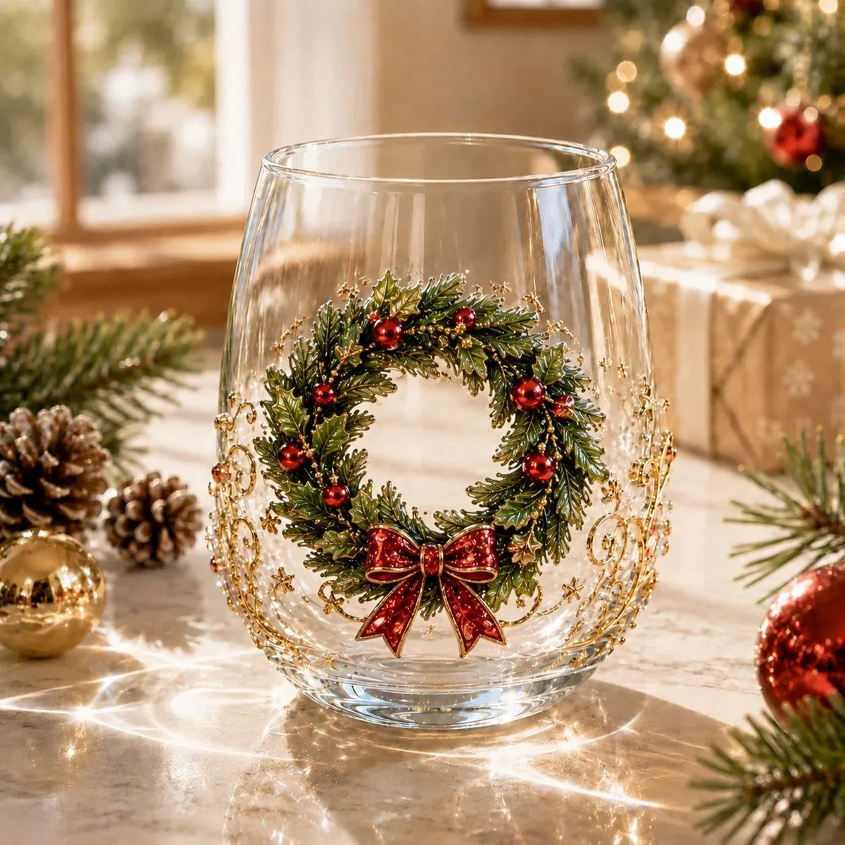 Glass Cup Clear Glass Raised 3D Christmas Design