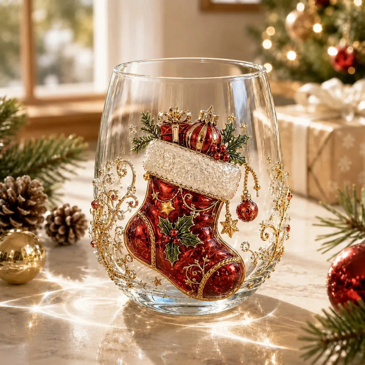 Glass Cup Clear Glass Raised 3D Christmas Design