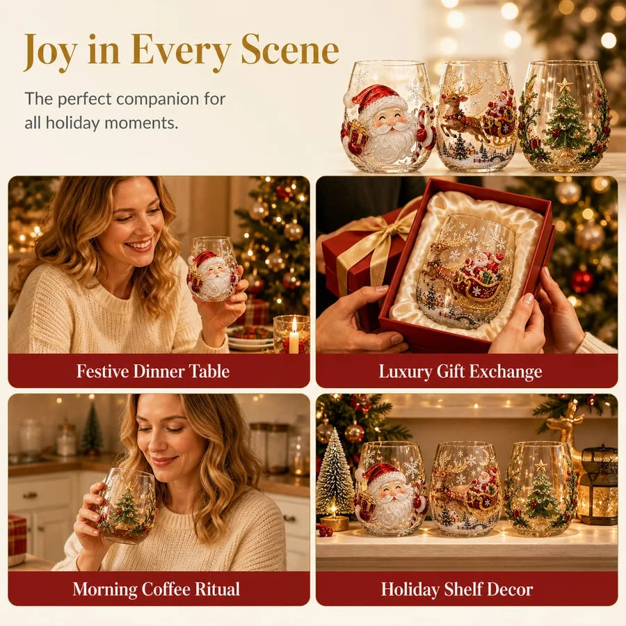 Glass Cup Clear Glass Raised 3D Christmas Design