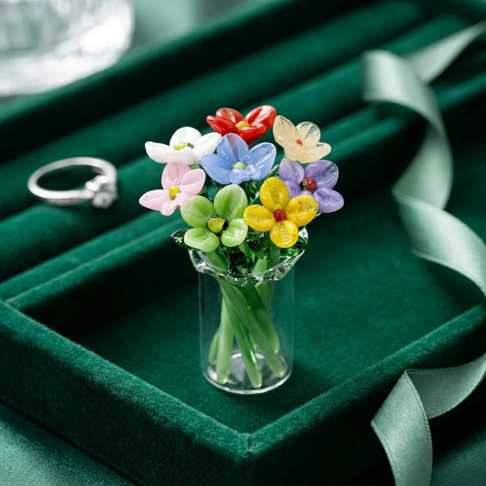 Glass Flower Bouquet Mini Colored Glaze Vase Included