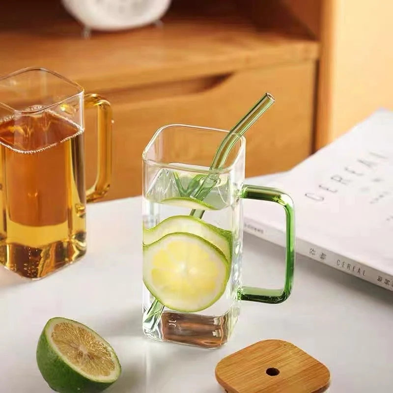 Glass Mug Square Design With Straw 13.5 Fl Oz