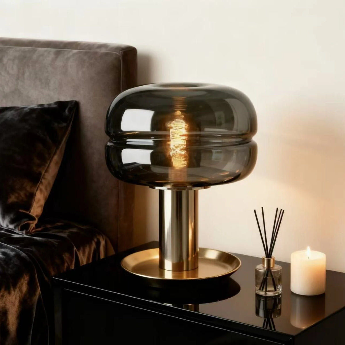 Glass Table Lamp Artisanal Glass Gold-Tone Base Soft Ambient Lighting