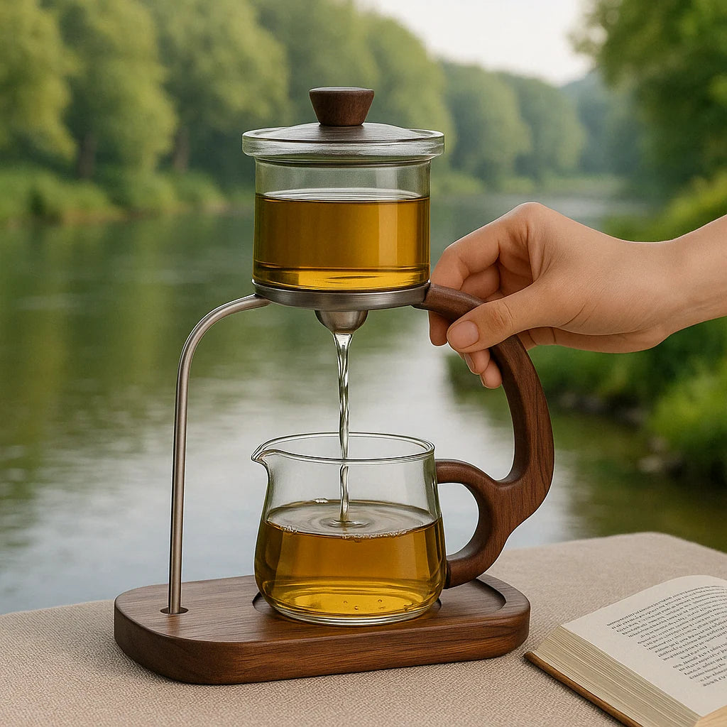 Glass Tea Set One-Key Pour Control Borosilicate Walnut Wood