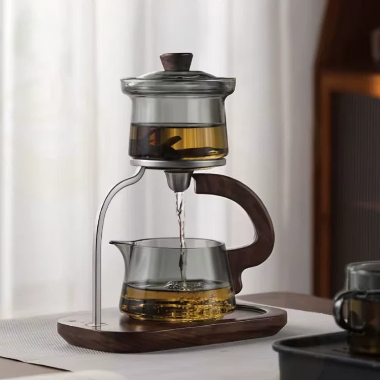 Glass Tea Set One-Key Pour Control Borosilicate Walnut Wood