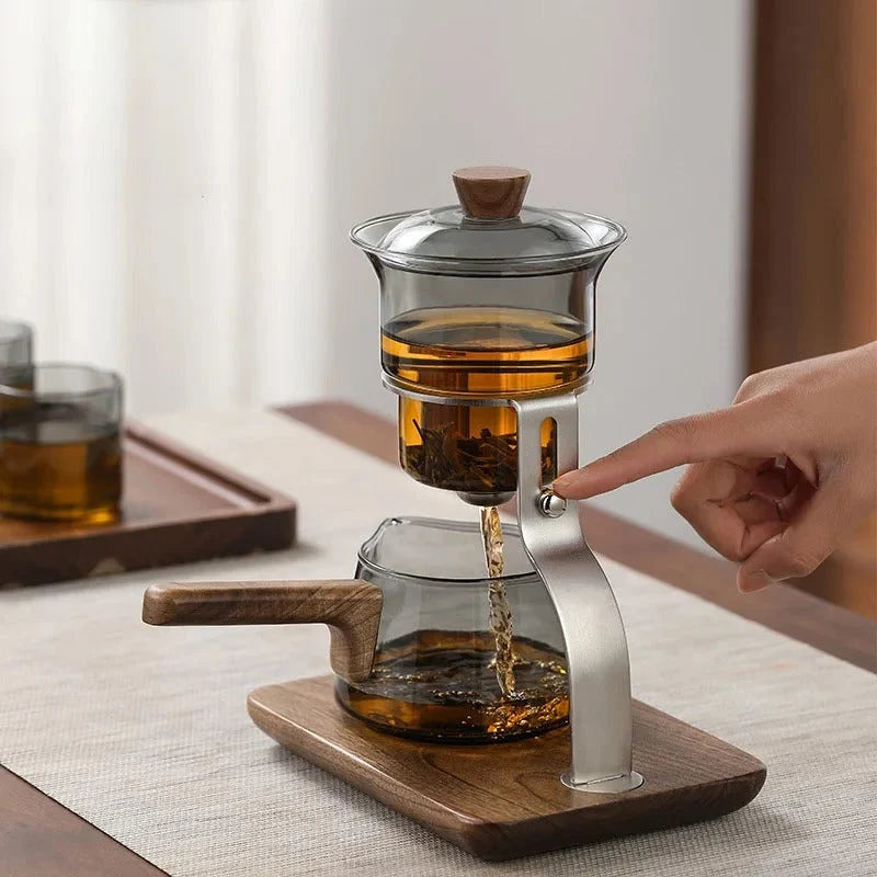 Glass Tea Set One-Key Pour Control Borosilicate Walnut Wood